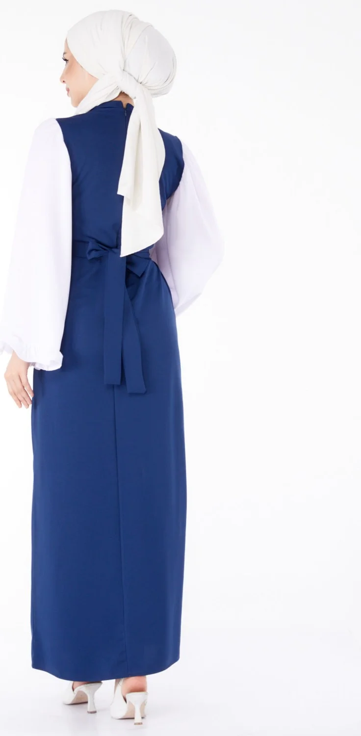 Tofisa Plain Judge Collar Women's Navy Blue Spanish Sleeve Detail Dress - 13195
