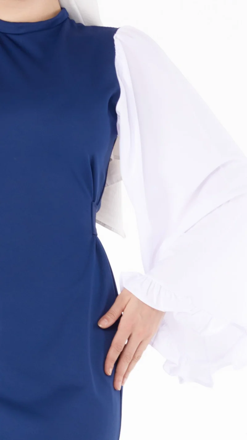 Tofisa Plain Judge Collar Women's Navy Blue Spanish Sleeve Detail Dress - 13195