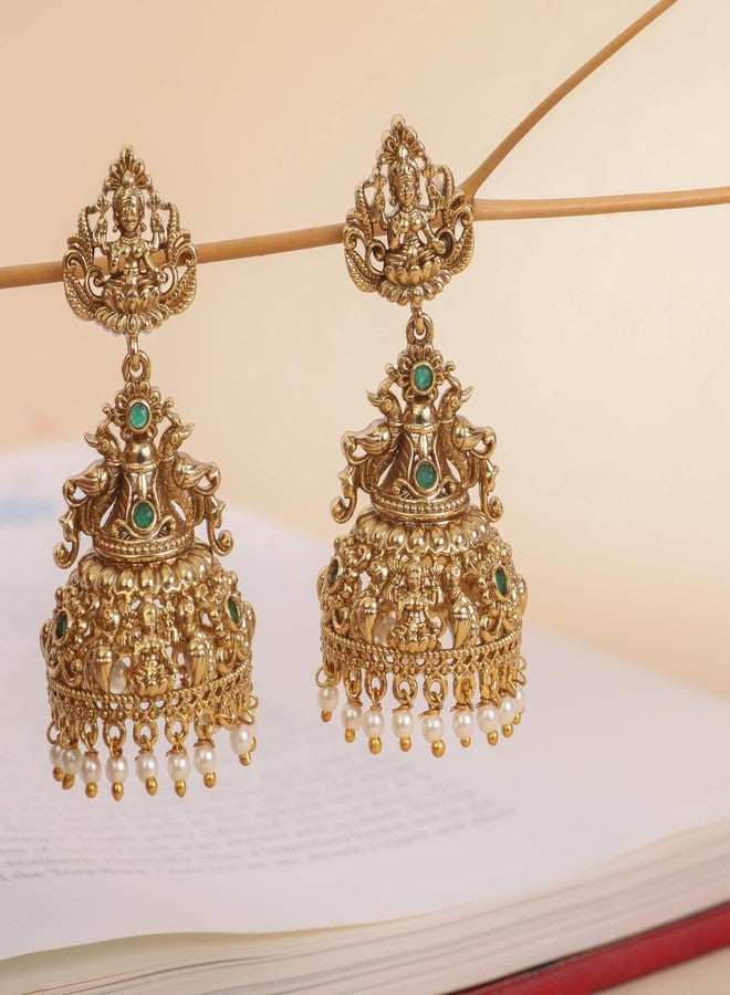 TARINIKA Gold-Plated Temple Theme Jhumka Earrings for Women Antique Brass Alloy Cubic Zirconia(CZ) Gemstone Traditional Fashion Jewelry Gift for her Style 33 - Image 2