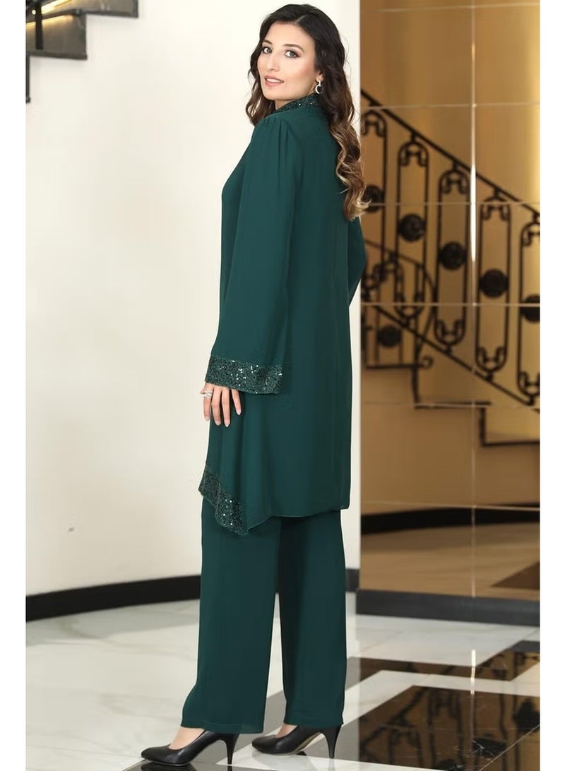 Esilanur Umay Chiffon Tunic Trousers Double Hijab Suit Emerald - Image 3