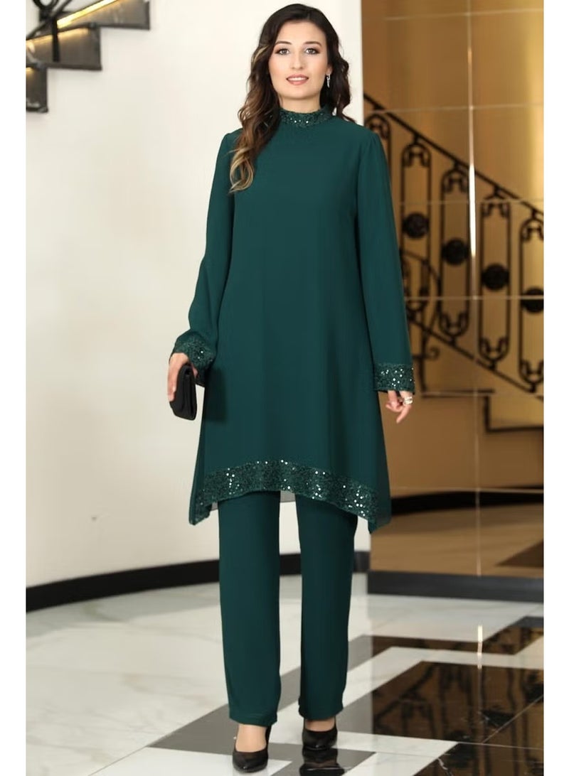 Esilanur Umay Chiffon Tunic Trousers Double Hijab Suit Emerald - Image 1