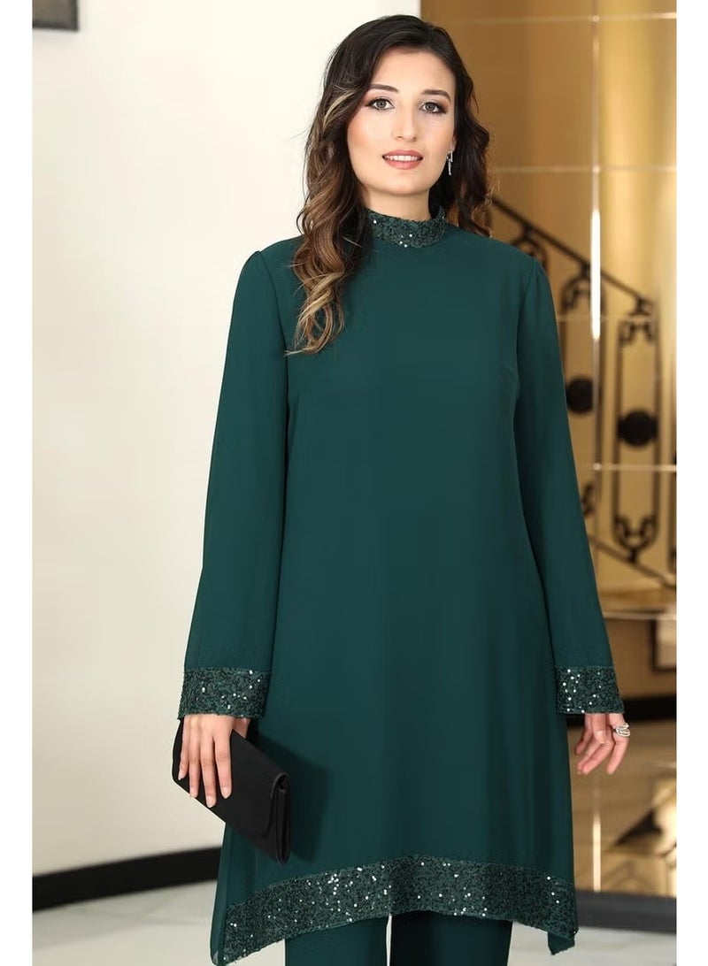 Esilanur Umay Chiffon Tunic Trousers Double Hijab Suit Emerald - Image 2