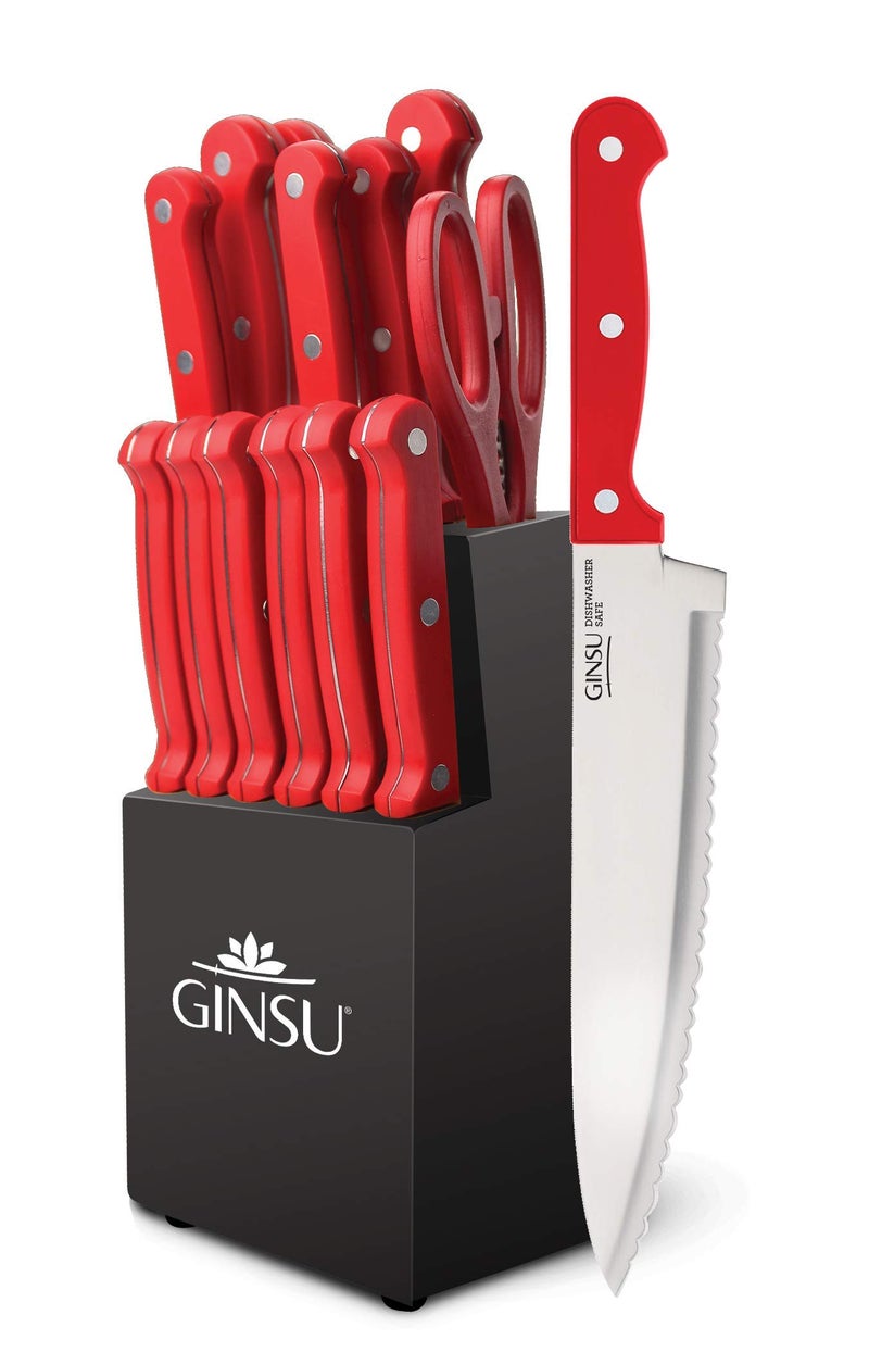 Ginsu Kiso 14-Piece Red Knife Set with Black Block - Dishwasher Safe and Always Sharp - Image 1