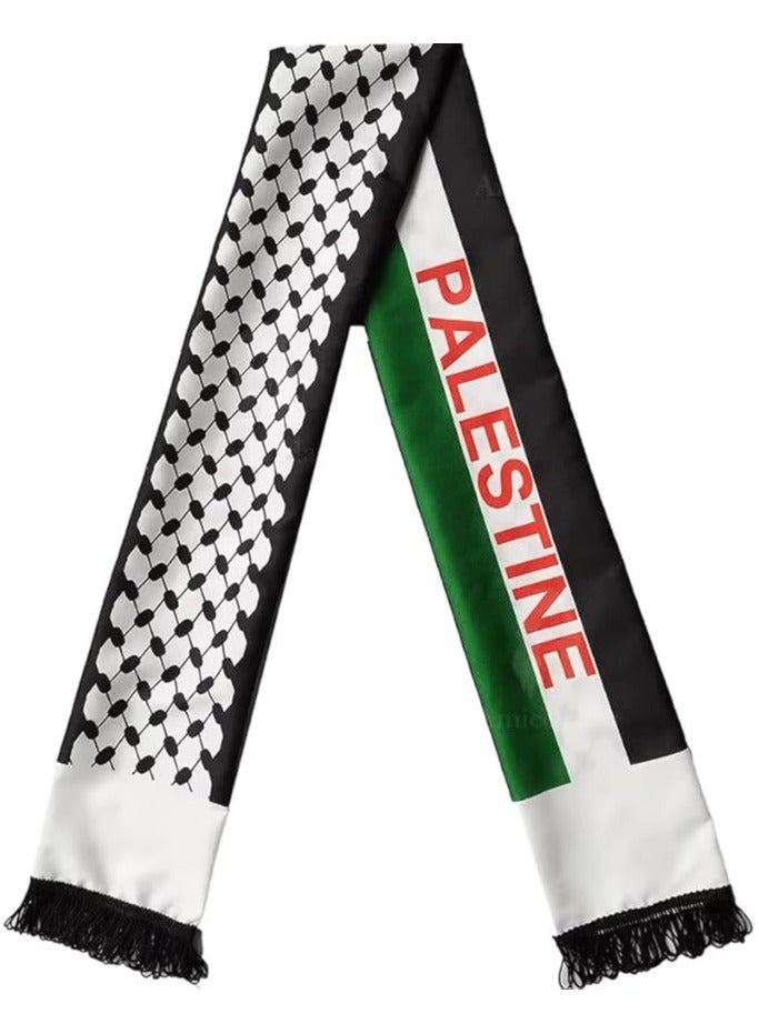 Traditional Palestine Support Scarf, Black Fringe with Flag Design, Decorative Pattern 