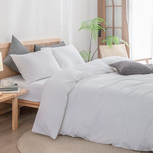 BESTOUCH Duvet Cover Set 100% Washed Cotton Linen Feel Super Soft Comfortable Chic Lightweight 3 PCs Home Bedding Set Solid Bright White King - Image 2