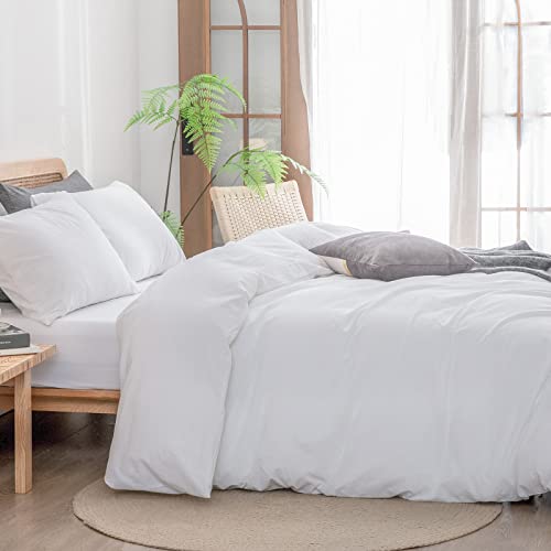 BESTOUCH Duvet Cover Set 100% Washed Cotton Linen Feel Super Soft Comfortable Chic Lightweight 3 PCs Home Bedding Set Solid Bright White King - Image 3