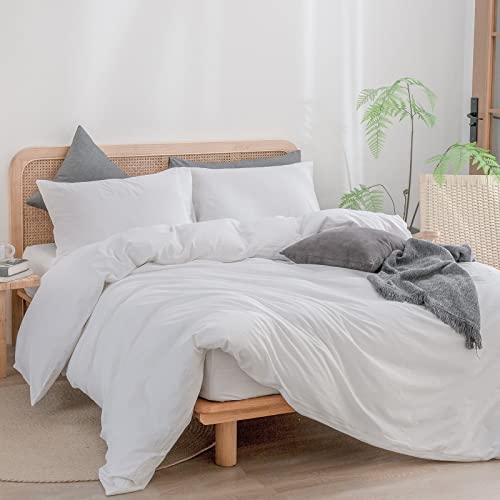BESTOUCH Duvet Cover Set 100% Washed Cotton Linen Feel Super Soft Comfortable Chic Lightweight 3 PCs Home Bedding Set Solid Bright White King - Image 4