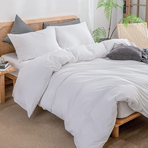 BESTOUCH Duvet Cover Set 100% Washed Cotton Linen Feel Super Soft Comfortable Chic Lightweight 3 PCs Home Bedding Set Solid Bright White King - Image 5