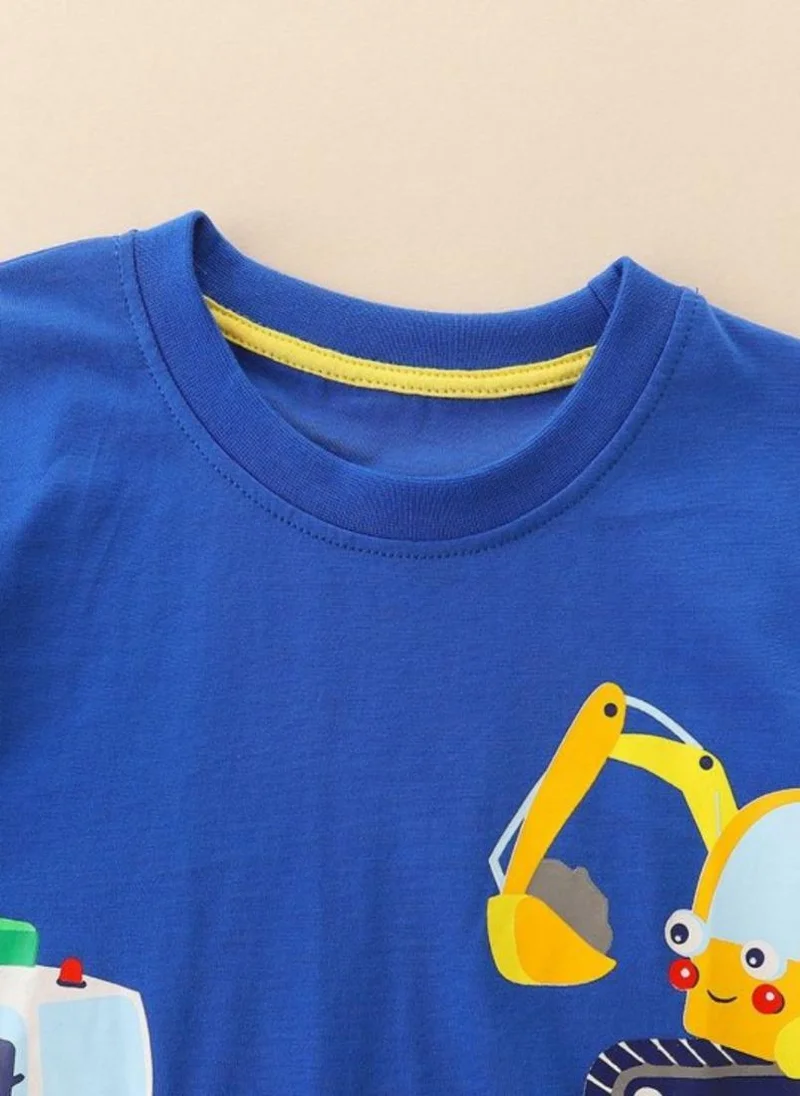 YUNIQEE Blue Printed Solid Round Neck Cotton T-shirt