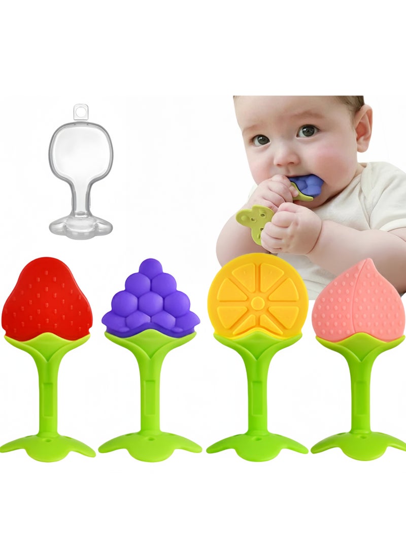 4PCS Baby Teething Toys Safe Smoothened Edges, Food Grade Soft Silicone Fruit Teethers for Babies with 1 storage box, easy to carry, 100% Bpa-Free Teether Set for Boys and Girls, Babies Gift (Strawberry+Peach+Orange+Peach)  - Image 1
