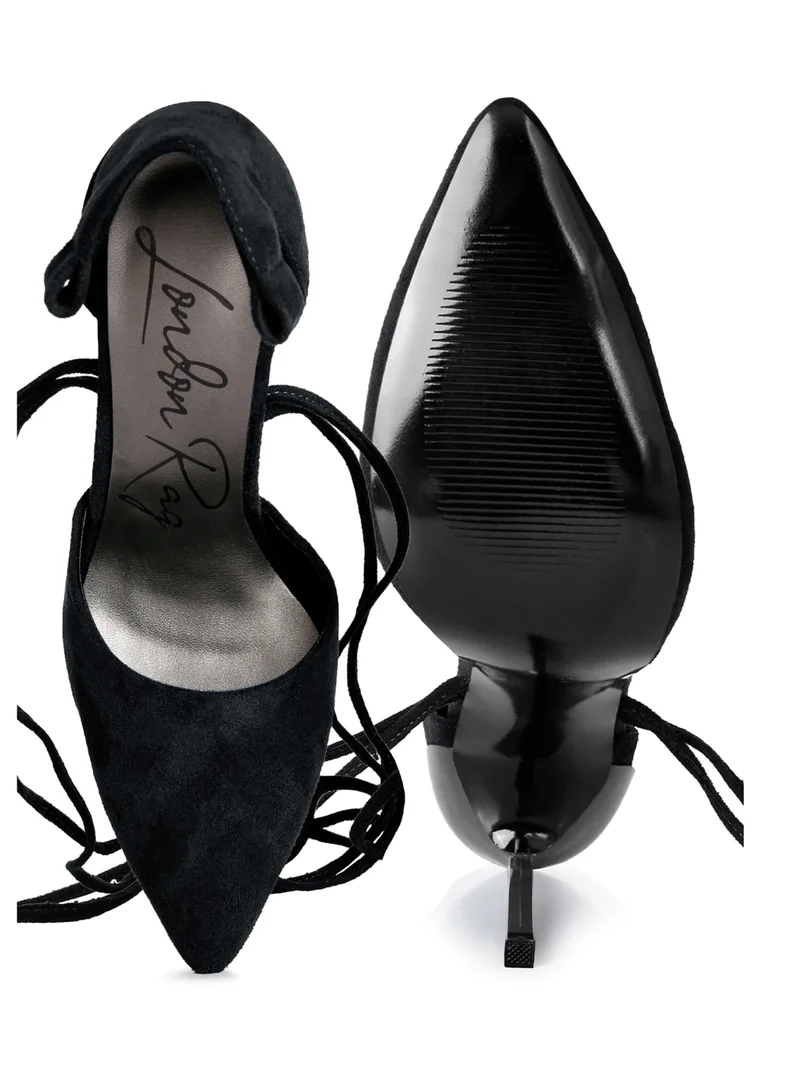 London Rag Lace Up Stiletto Heel Suede Sandals in Black