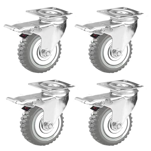 Krevia 4 Inch 360 Degree PU Swivel Caster Wheels | Set Of 4 Heavy Duty Locking Bearing Industrial Casters with Brake | Noise-Free Swivel Plate Caster Wheels for Cart, Furniture, Workbench (Grey) - Image 1