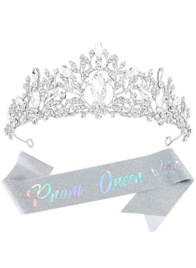 Velscrun Velscrun Prom Queen Sash Silver Crowns Tiara Shiny Satin for Adults Halloween Cosplay Favors Prom Decorations for Party Prom Hair Accessories Graduation Party Decorations Graduation Party Supplies  - Image 1