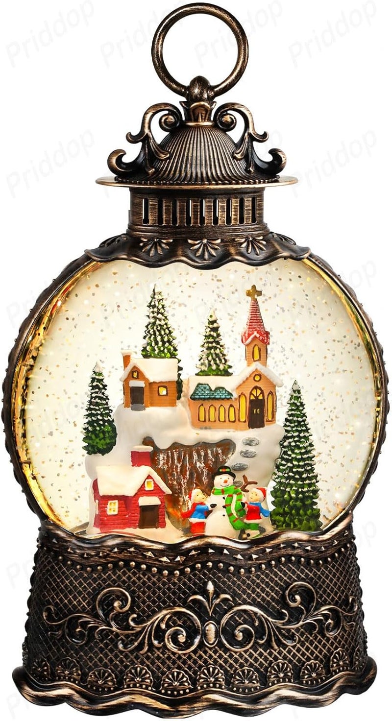 Priddop Village Snow Globe Christmas Decorations Indoor Church Snowman Snow Village Scene Gifts Classic Relief Texture Musical Glitter Snowfall USB/Battery Timer Lantern 10.6 inch - Image 1