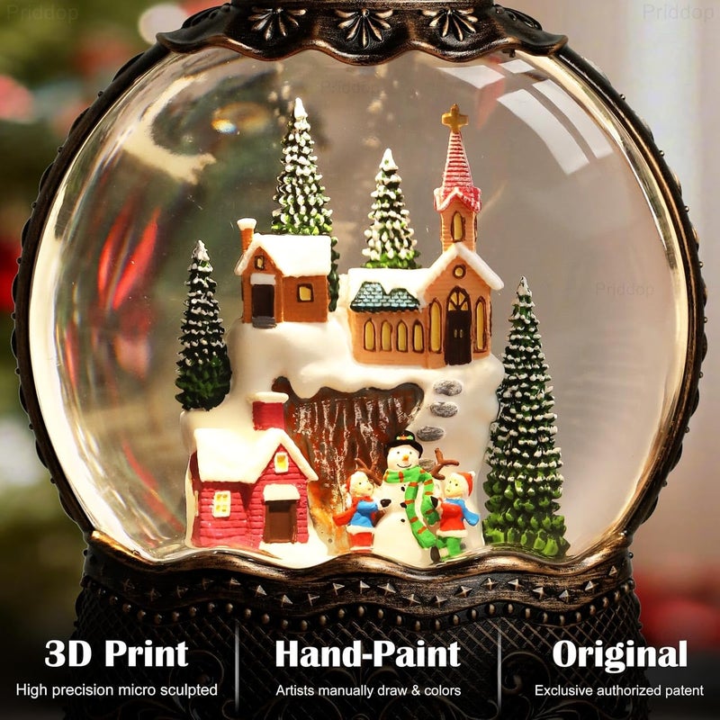 Priddop Village Snow Globe Christmas Decorations Indoor Church Snowman Snow Village Scene Gifts Classic Relief Texture Musical Glitter Snowfall USB/Battery Timer Lantern 10.6 inch - Image 2