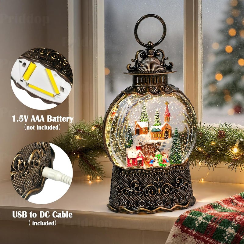 Priddop Village Snow Globe Christmas Decorations Indoor Church Snowman Snow Village Scene Gifts Classic Relief Texture Musical Glitter Snowfall USB/Battery Timer Lantern 10.6 inch - Image 4