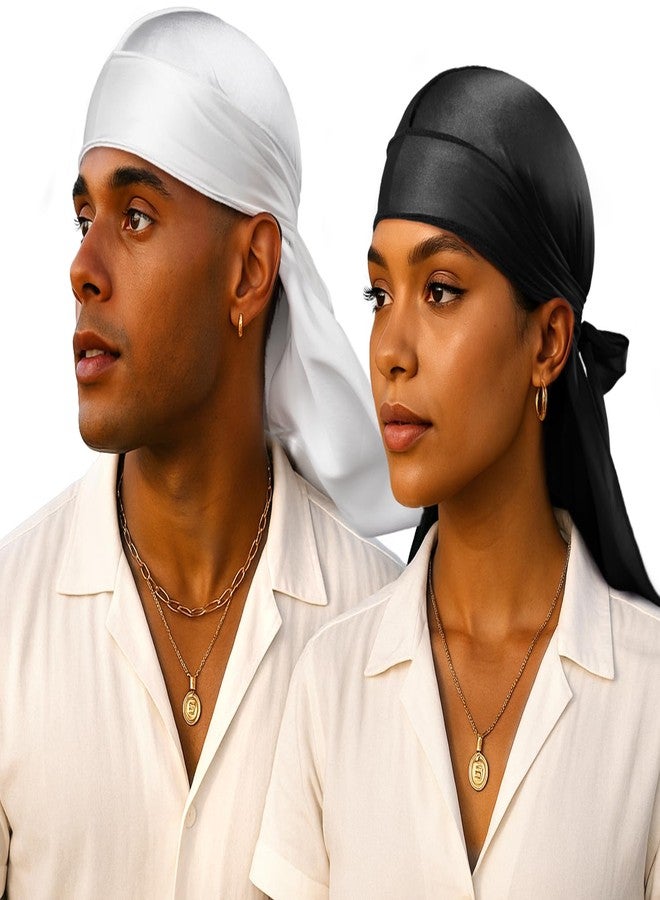 YFONG 2 Pack 100% 22 Momme Mulberry Silk Durags for Men Women, Extra Long Strap Silky Durag, Breathable and Soft Du Rag for 360 Waves, Pure Silk Durag for Hair Care and Stylish Outfits, Black+White - Image 1