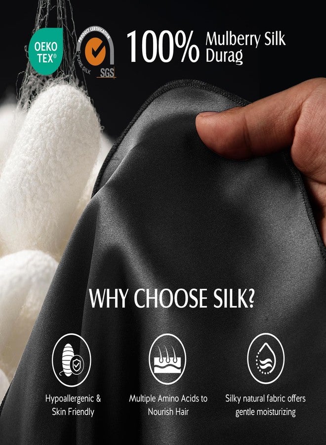 YFONG 2 Pack 100% 22 Momme Mulberry Silk Durags for Men Women, Extra Long Strap Silky Durag, Breathable and Soft Du Rag for 360 Waves, Pure Silk Durag for Hair Care and Stylish Outfits, Black+White - Image 2