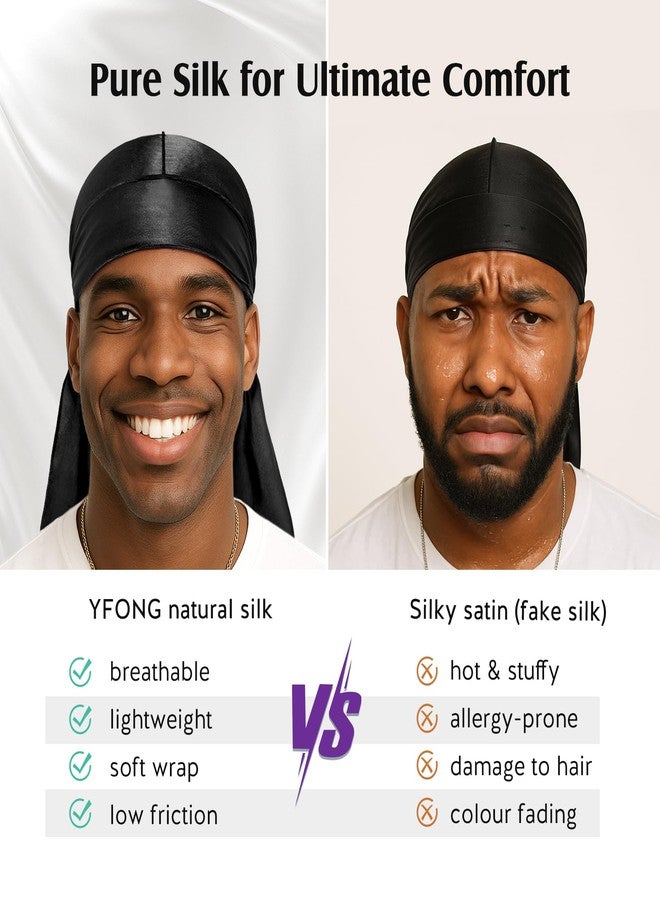 YFONG 2 Pack 100% 22 Momme Mulberry Silk Durags for Men Women, Extra Long Strap Silky Durag, Breathable and Soft Du Rag for 360 Waves, Pure Silk Durag for Hair Care and Stylish Outfits, Black+White - Image 4