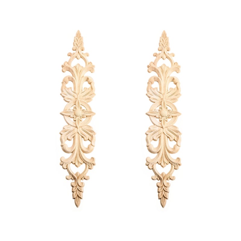MUXSAM 2Pcs Long Wood-Carved Onlays Appliques for Furniture, Unpainted Wooden Carving Decals for Wall Cupboard Mirror Mantel Door Bed Cabinet Ceiling Dresser Refurbish Project(40x8cm/15.75"x3.15") - Image 1