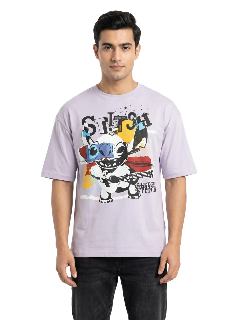 ديزني Disney Lilo & Stitch Graphic Oversized T-Shirt for Men | Stitch Ukulele Print Casual Crew Neck Tee