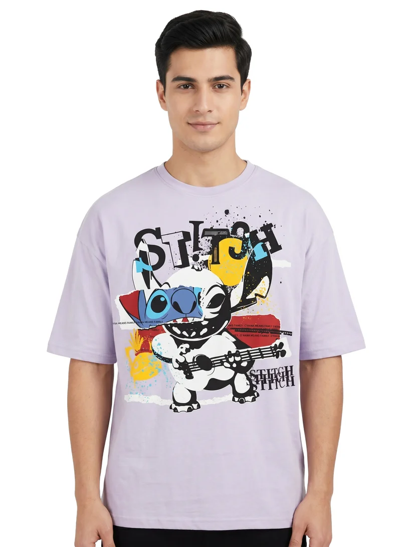 Disney  Disney Lilo & Stitch Graphic Oversized T-Shirt for Men | Stitch Ukulele Print Casual Crew Neck Tee for Men | Best Price UAE