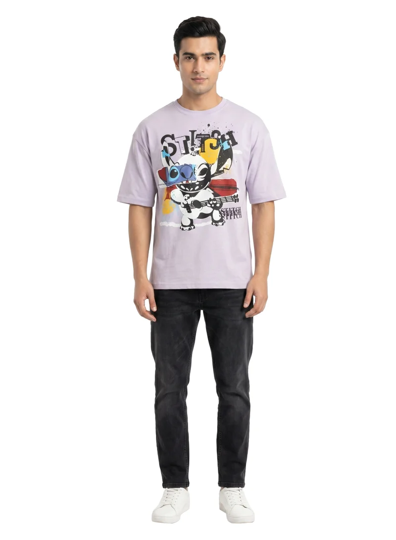 Disney  Disney Lilo & Stitch Graphic Oversized T-Shirt for Men | Stitch Ukulele Print Casual Crew Neck Tee for Men | Best Price UAE