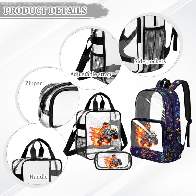 HUIACONG Boys Dino Truck Clear Backpack Set for 4th Grade 3 Piece 17 Inch PVC Cool Transparent School Bag with Lunch Box and Pencil Case for Primary School Student Kids - Image 1
