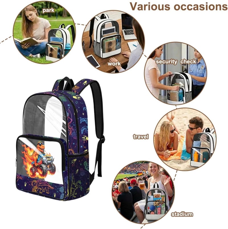 HUIACONG Boys Dino Truck Clear Backpack Set for 4th Grade 3 Piece 17 Inch PVC Cool Transparent School Bag with Lunch Box and Pencil Case for Primary School Student Kids - Image 2