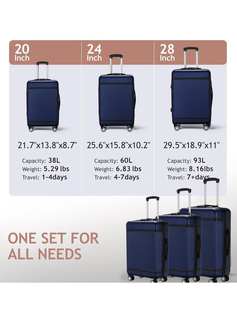 Favarey New 3-Piece Luggage Sets (20", 24", 28"), ABS+PC Hard Shell Carry-on Luggage Expandable, Travel Luggage Suitcases with Spinner Wheels, Carry on Luggage Set with TSA Lock (Blue)  - Image 4