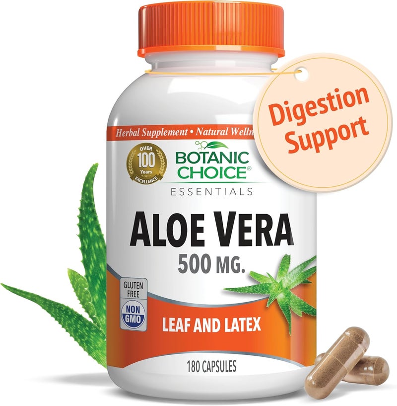 Botanic Choice Aloe Vera Leaf and Latex Digestive Liver Stomach healthContains Amino Acids Vitamins Minerals Enzymes 500mgGluten Free NonGMO180 capsules - Image 1