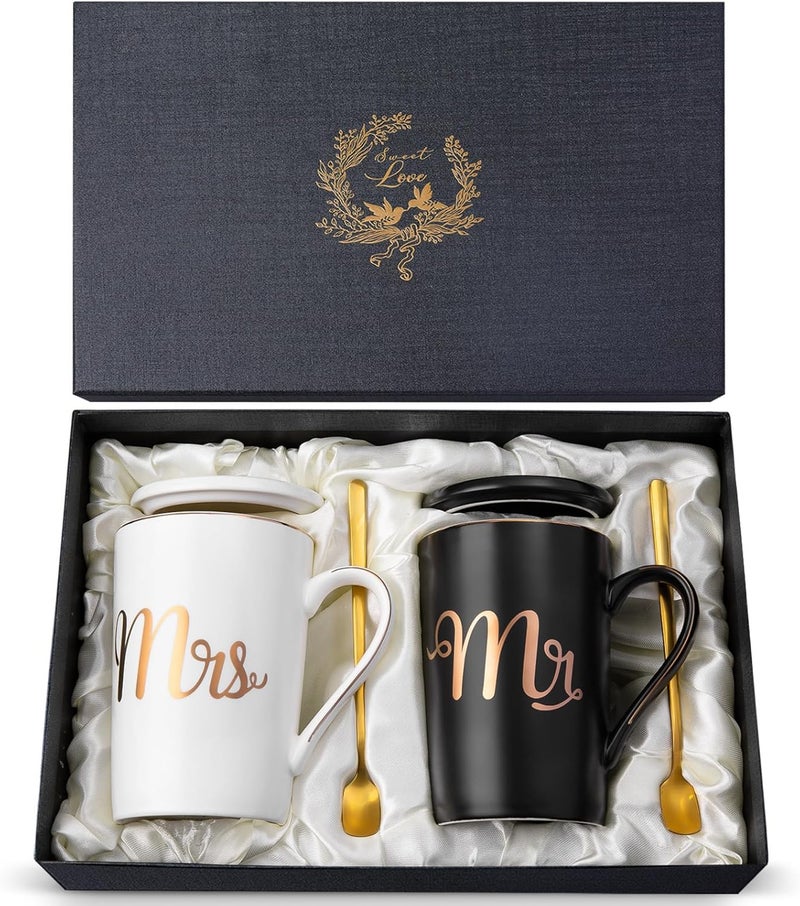 ALBISS Permanent & temporary usable Wedding Gifts for Bride and Groom – 14oz Ceramic Mr and Mrs Coffee Mugs Set（Black，White），Perfect for Couples Engagement Bridal Shower Gift Anniversary Gifts User tested optimized build - Image 1
