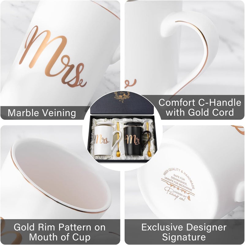 ALBISS Permanent & temporary usable Wedding Gifts for Bride and Groom – 14oz Ceramic Mr and Mrs Coffee Mugs Set（Black，White），Perfect for Couples Engagement Bridal Shower Gift Anniversary Gifts User tested optimized build - Image 4