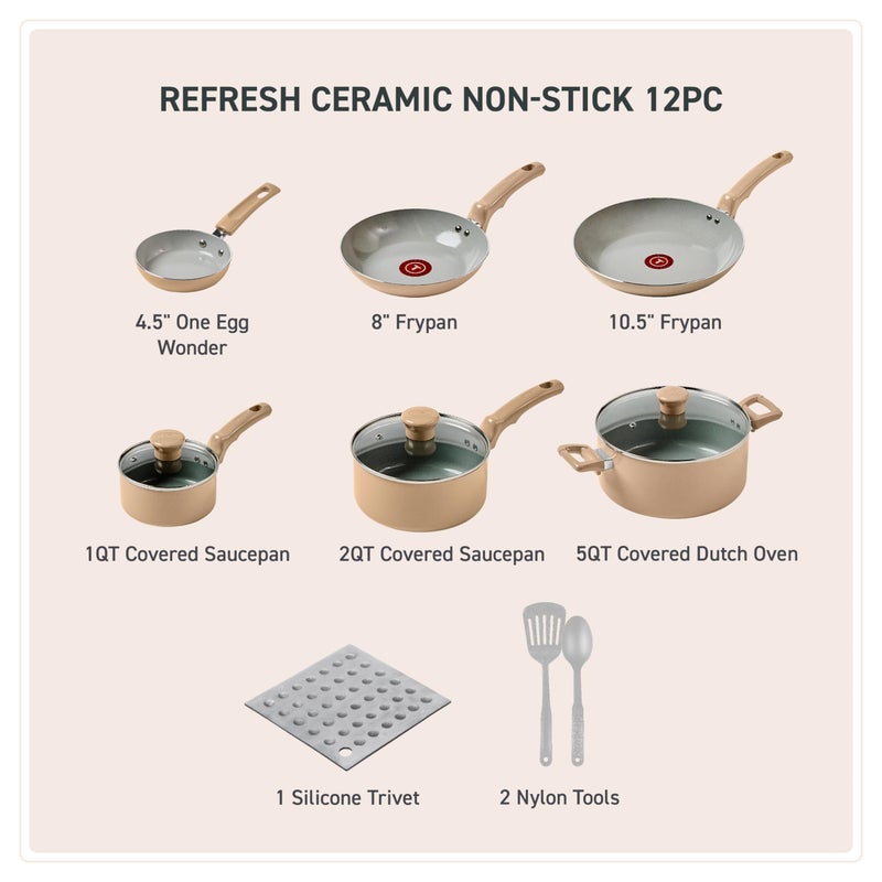 T-Fal Refresh Ceramic Nonstick Cookware Set, 12-Piece, Oven Safe to 350Â°F, Includes Stockpot, Griddle, Frying Pans, Utensils, Ceramic Pots and Pans Set, Sand Beige - Image 2