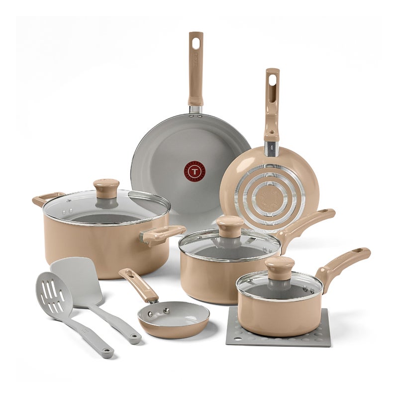T-Fal Refresh Ceramic Nonstick Cookware Set, 12-Piece, Oven Safe to 350Â°F, Includes Stockpot, Griddle, Frying Pans, Utensils, Ceramic Pots and Pans Set, Sand Beige - Image 1