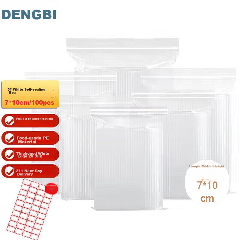 Dengbi Food-Grade PE Self-Sealing Bags [Thickened 20 Microns], Size 3, 7*10cm, 100 Pieces, Waterproof Transparent Sealed Bags - Image 1