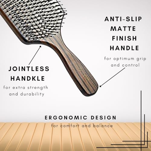 Scarlet Line Professional Maple Wood Anti Static Large Wooden Handle Paddle Hair Brush with Back Side Mirror for Men and Women, Brown - Image 3