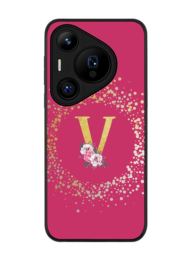 Stylizedd Rugged Black edge case for Huawei Pura 70, Slim fit Case Cover - Custom Monogram Initial Letter Floral Pattern Alphabet - V ( Deep Pink Rose ) - Image 1