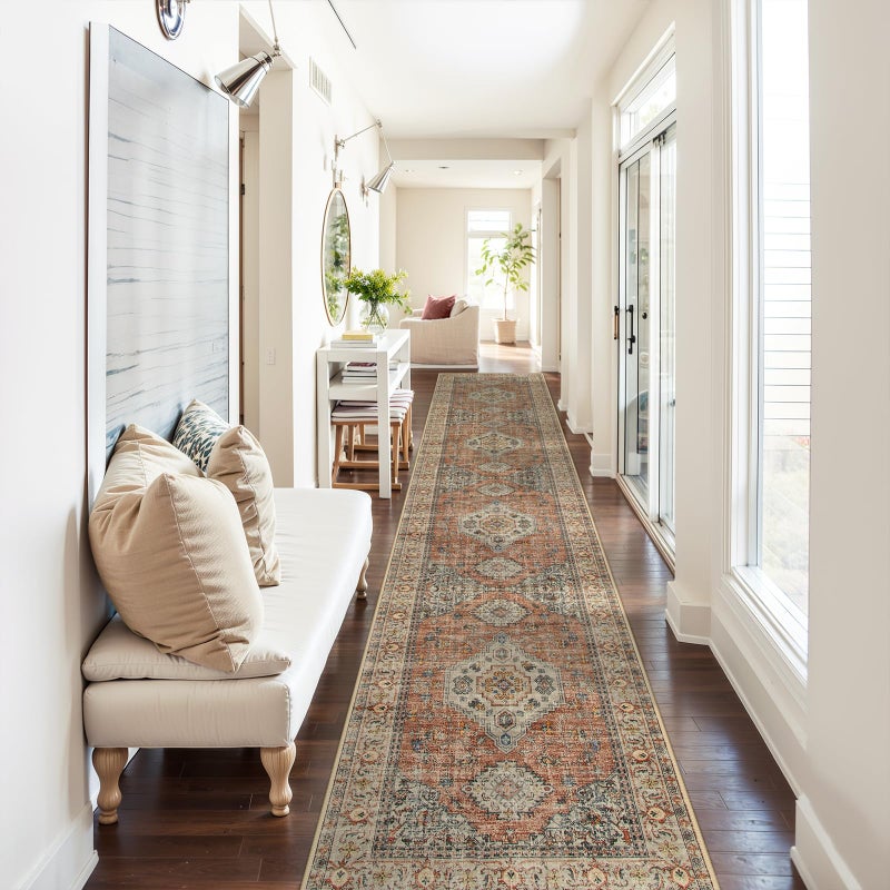 Lahome Oriental Kitchen Runners for Hallways 25x12 Washable Runner Rug Non Slip Soft Hallway Rug Distressed UltraThin Long Carpet for Bathroom Entryway Bedroom PeachOrange