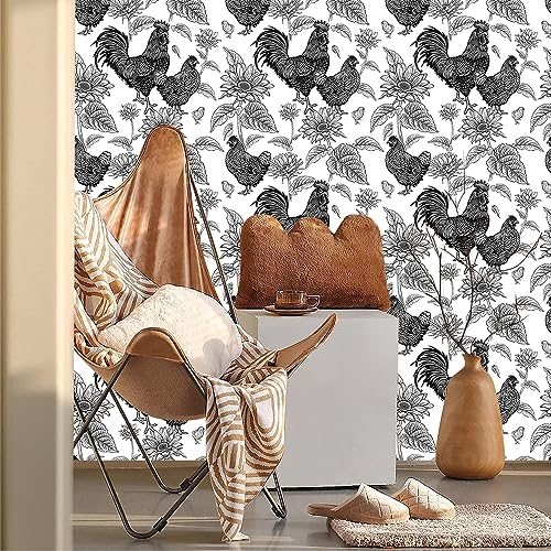 MuralPeel Black and White Rooster Chicken Sunflowers Farm Peel and Stick Wallpaper Self Adhesive Removable Easy Peel Off Stick on Wall Paper for Bedroom Cabinet Renter Friendly - Image 2