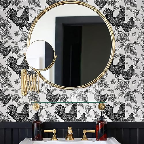 MuralPeel Black and White Rooster Chicken Sunflowers Farm Peel and Stick Wallpaper Self Adhesive Removable Easy Peel Off Stick on Wall Paper for Bedroom Cabinet Renter Friendly - Image 4