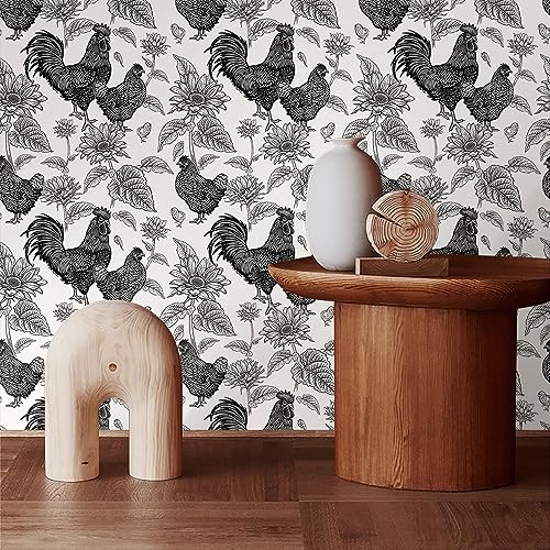 MuralPeel Black and White Rooster Chicken Sunflowers Farm Peel and Stick Wallpaper Self Adhesive Removable Easy Peel Off Stick on Wall Paper for Bedroom Cabinet Renter Friendly - Image 3