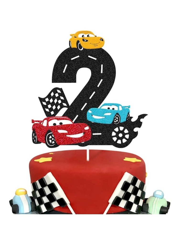 Race Car 2nd Birthday Cake Topper Two Fast Cake Decoration for Racing Car Checkered Flag Themed Kids Boy Girl 2s Years Old Happy 2 Bday Party Decor Supplies 
