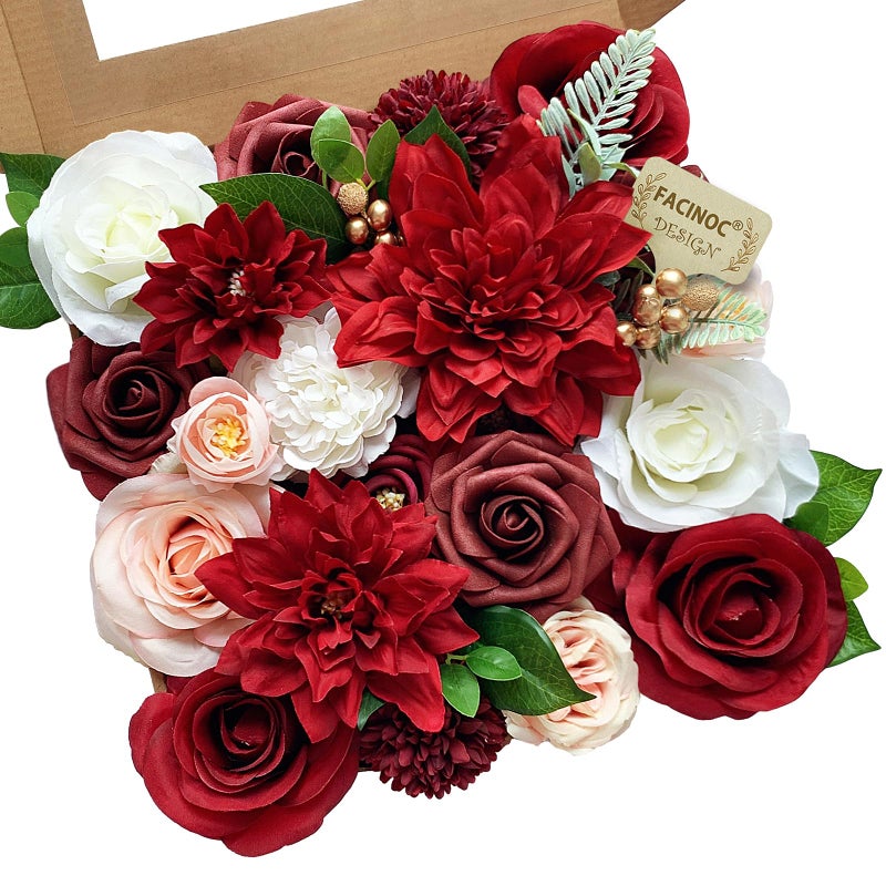 FACINOC Roses Artificial Flowers Red Bouquet Box Set Fake Flowers for DIY Bridal Wedding Shower Decorations Centerpieces for Table Faux Silk Floral Arrangement for Party Home Decor Indoor Burgundy - Image 1