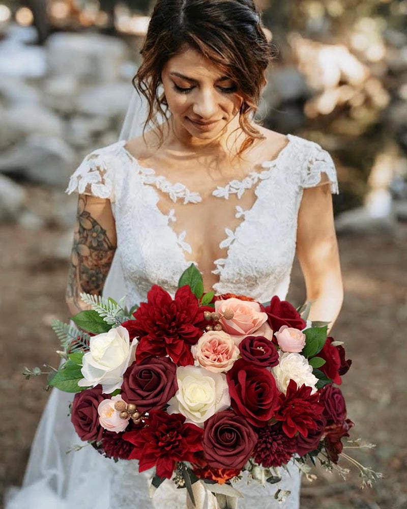 FACINOC Roses Artificial Flowers Red Bouquet Box Set Fake Flowers for DIY Bridal Wedding Shower Decorations Centerpieces for Table Faux Silk Floral Arrangement for Party Home Decor Indoor Burgundy - Image 2