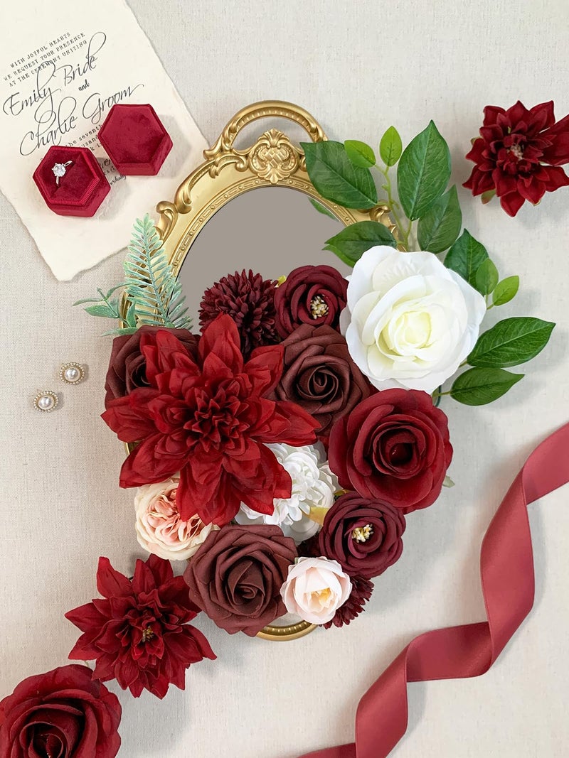 FACINOC Roses Artificial Flowers Red Bouquet Box Set Fake Flowers for DIY Bridal Wedding Shower Decorations Centerpieces for Table Faux Silk Floral Arrangement for Party Home Decor Indoor Burgundy - Image 3