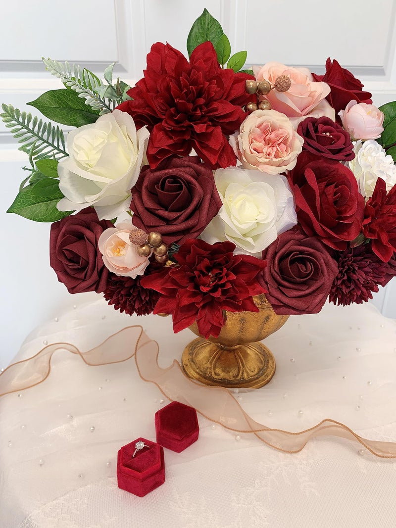 FACINOC Roses Artificial Flowers Red Bouquet Box Set Fake Flowers for DIY Bridal Wedding Shower Decorations Centerpieces for Table Faux Silk Floral Arrangement for Party Home Decor Indoor Burgundy - Image 4
