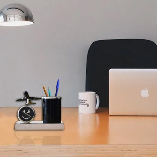 Saugat Traders Metal Aeroplane Pen Stand with Clock Showpiece Desk Organiser for Office Desk Pencil Holder Diwali - New Year Corporate Gift for Employees,Doctors,Teachers,Pen Holder,Silver & Black - Image 3