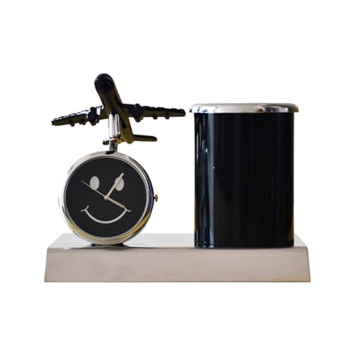 Saugat Traders Metal Aeroplane Pen Stand with Clock Showpiece Desk Organiser for Office Desk Pencil Holder Diwali - New Year Corporate Gift for Employees,Doctors,Teachers,Pen Holder,Silver & Black - Image 1