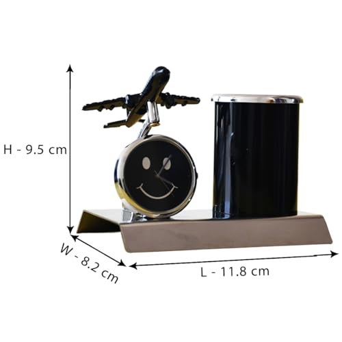 Saugat Traders Metal Aeroplane Pen Stand with Clock Showpiece Desk Organiser for Office Desk Pencil Holder Diwali - New Year Corporate Gift for Employees,Doctors,Teachers,Pen Holder,Silver & Black - Image 2